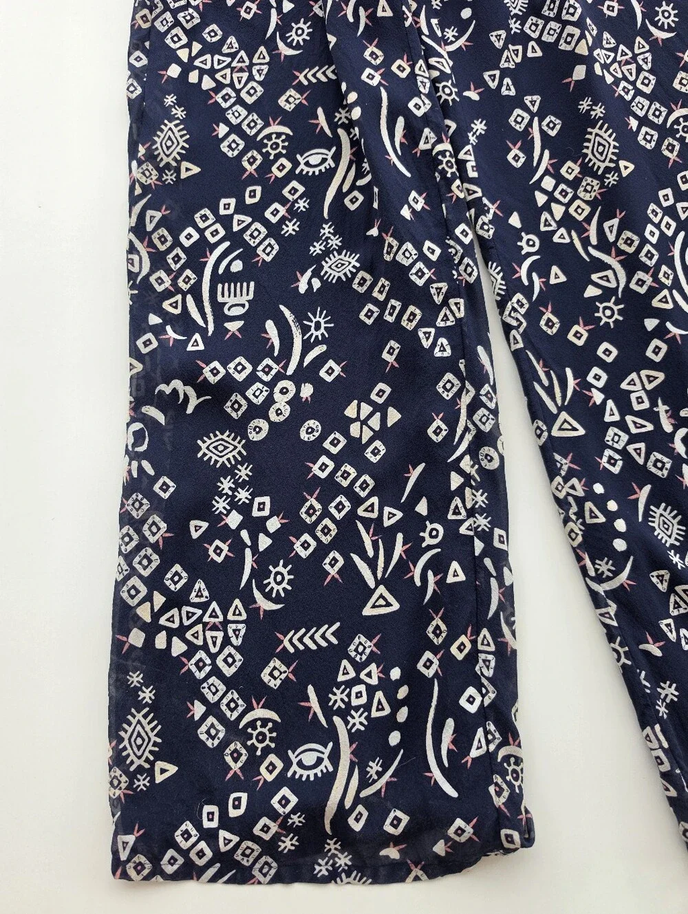 Tory Burch Silk Navy Blue Geometric Tribal Print Wide Leg Jumpsuit